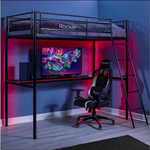 X Rocker HQ Twin Loft Gaming Bed, Durable Black Metal Frame, Built-In Console Shelving, Safe Ladder, Grid Mesh Sides, 78" x 61.4" x 72", Black