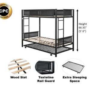 Harper & Bright Designs Metal Bunk Bed Twin Over Twin with Trundle, Heavy Duty Bunk Beds with Texteline Guardrails and Wood Slats, Twin Bunk Bed for Kids Boys Girls Dormitory Bedroom, Black