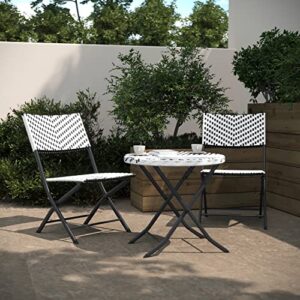 Flash Furniture Rouen Commercial Grade Folding Bistro Set, Indoor/Outdoor PE Rattan Table Top, Back and Seat, Black Steel Frames, 3 Piece Set, Black/White