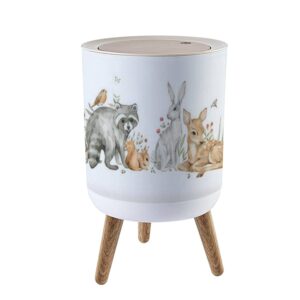 small trash can with lid watercolor forest baby animals raccoon deer hare squirrel flowers round garbage bin press cover dog proof wastebasket for bedroom living room nursery decor 1.8 gallon