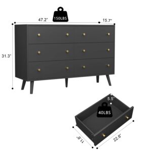 SINROM Black Dresser for Bedroom, Modern 6 Drawer Dresser, Wide Chest of Drawers with Gold Handles, Wood Double Dresser Storage Cabinet for Living Room, Bedroom, Hallway