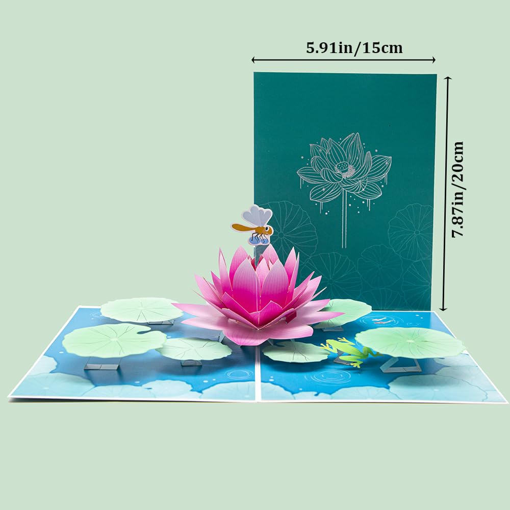 Sharonlily Dragonfly and Lotus Pop Up Card, 3D Water Lily Card, Birthday, Thank You, Congratulation, All Occasion