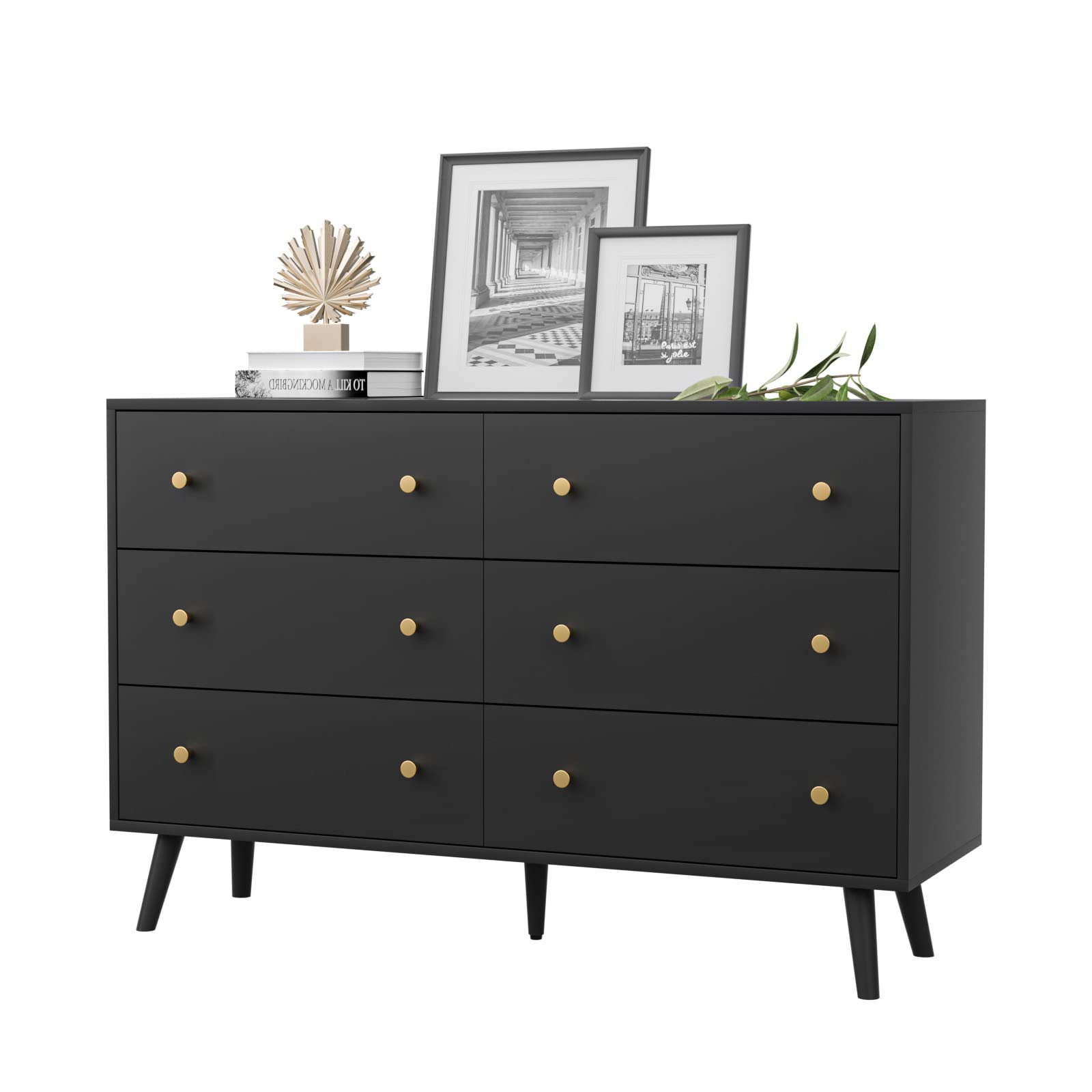 SINROM Black Dresser for Bedroom, Modern 6 Drawer Dresser, Wide Chest of Drawers with Gold Handles, Wood Double Dresser Storage Cabinet for Living Room, Bedroom, Hallway