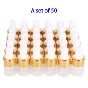 Hauioe 50 Clear glass Dropper Bottle 1/3/5ML Essential Oil dropper Bottle and Measuring Pipette Golden Bottle with Lid Empty tincture Bottle Perfume Cosmetic Travel Liquid Container