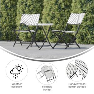 Flash Furniture Rouen Commercial Grade Folding Bistro Set, Indoor/Outdoor PE Rattan Table Top, Back and Seat, Black Steel Frames, 3 Piece Set, Black/White