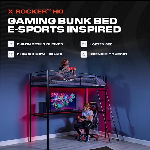 X Rocker HQ Twin Loft Gaming Bed, Durable Black Metal Frame, Built-In Console Shelving, Safe Ladder, Grid Mesh Sides, 78" x 61.4" x 72", Black