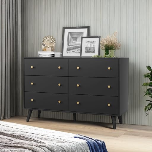 SINROM Black Dresser for Bedroom, Modern 6 Drawer Dresser, Wide Chest of Drawers with Gold Handles, Wood Double Dresser Storage Cabinet for Living Room, Bedroom, Hallway