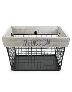 rae dunn mudroom wire storage basket – metal and white wash wood bin – decorative storage bin for mudroom, entryway, closet, shoes, and more – mudroom ideas