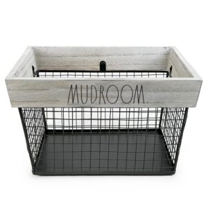 Rae Dunn Mudroom Wire Storage Basket – Metal and White Wash Wood Bin – Decorative Storage Bin for Mudroom, Entryway, Closet, Shoes, and More – Mudroom Ideas