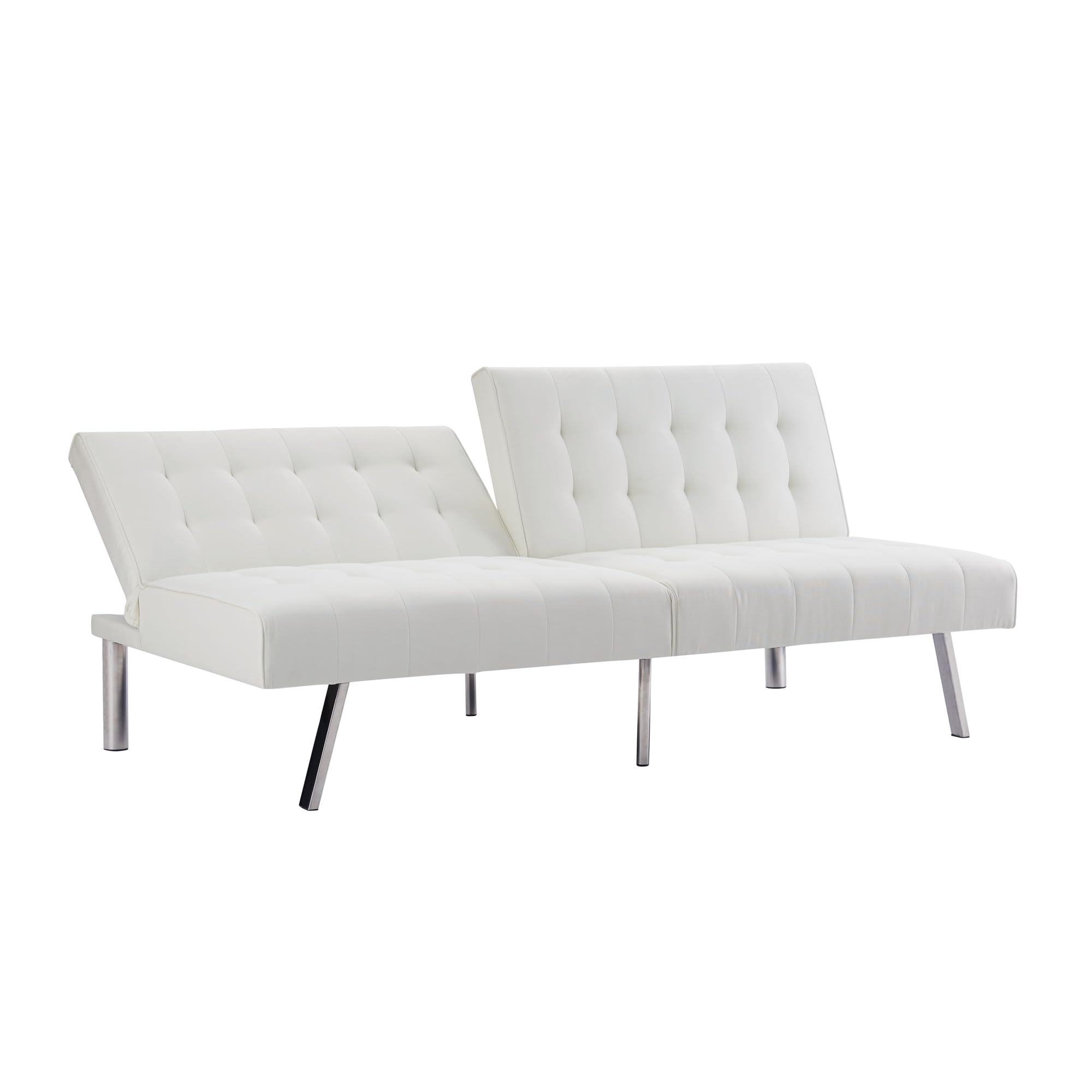 Naomi Home Tufted Split Back Futon Sofa Bed, Faux Leather Couch Bed, Futon Convertible Sofa Bed with Chrome Legs, Folding, Reclining Small Convertible Couch, Futon Couches for Living Room White