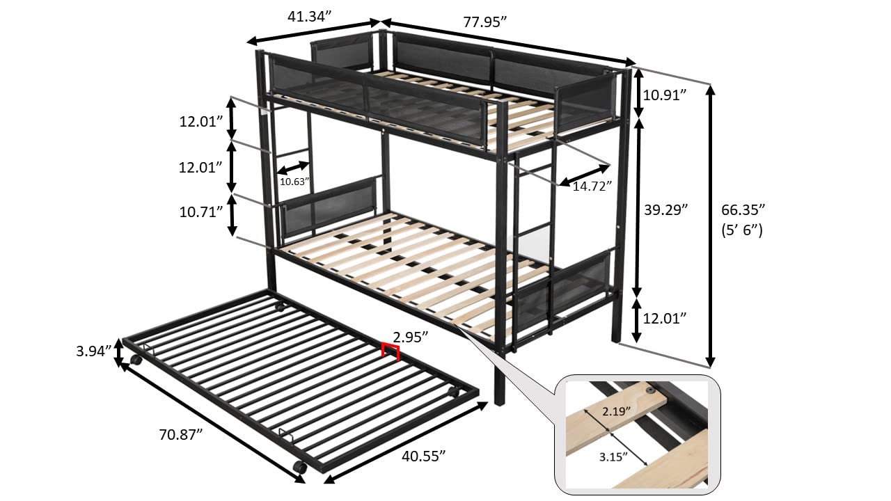 Harper & Bright Designs Metal Bunk Bed Twin Over Twin with Trundle, Heavy Duty Bunk Beds with Texteline Guardrails and Wood Slats, Twin Bunk Bed for Kids Boys Girls Dormitory Bedroom, Black