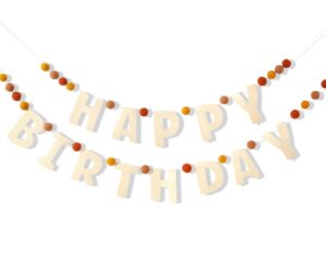 boho felt happy birthday garland - natural handmade wool letters & balls, boho birthday decoration, decorations for children's birthday parties, assembled happy birthday banner