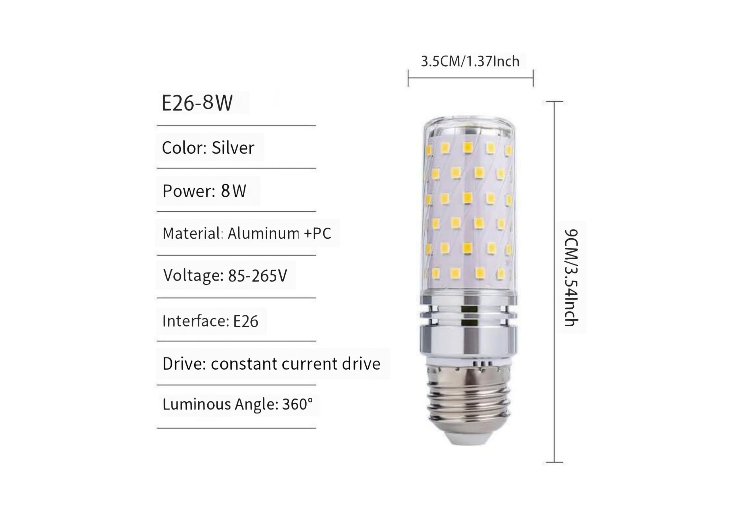 ANYPOWK 8W LED Corn Light Bulb - Equivalent 60W Incandescent, 800LM, E26 Base Daylight 6500K Non-Dimmable, 4-Pack