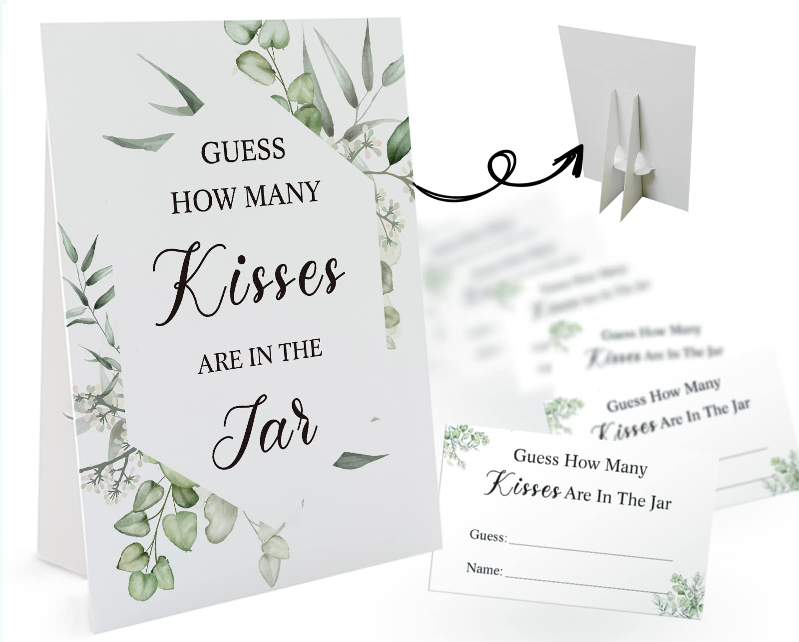 Guess How Many Kisses Are in the Jar Game-1 Standing Sign and 50 Guessing Cards, Greenery Bridal Shower Games, Baby Shower Sign, for Boys Girls Baby Shower Favors and Weddings Party Decoration-02