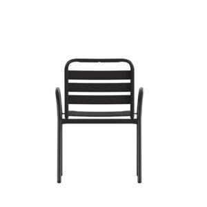 EMMA + OLIVER Jens Stacking Metal Dining Chair - Indoor/Outdoor Dining Chair with Triple Slat Back and Armrests - Dry Assist Slats - Black