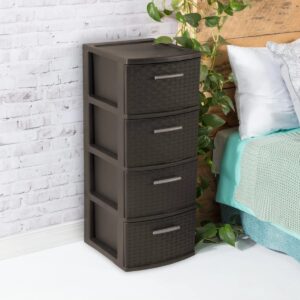 SPADEACES Stylish and Durable Weave Pattern Plastic Drawers 4-Drawer Tower, Ideal for Open Storage Needs, Espresso