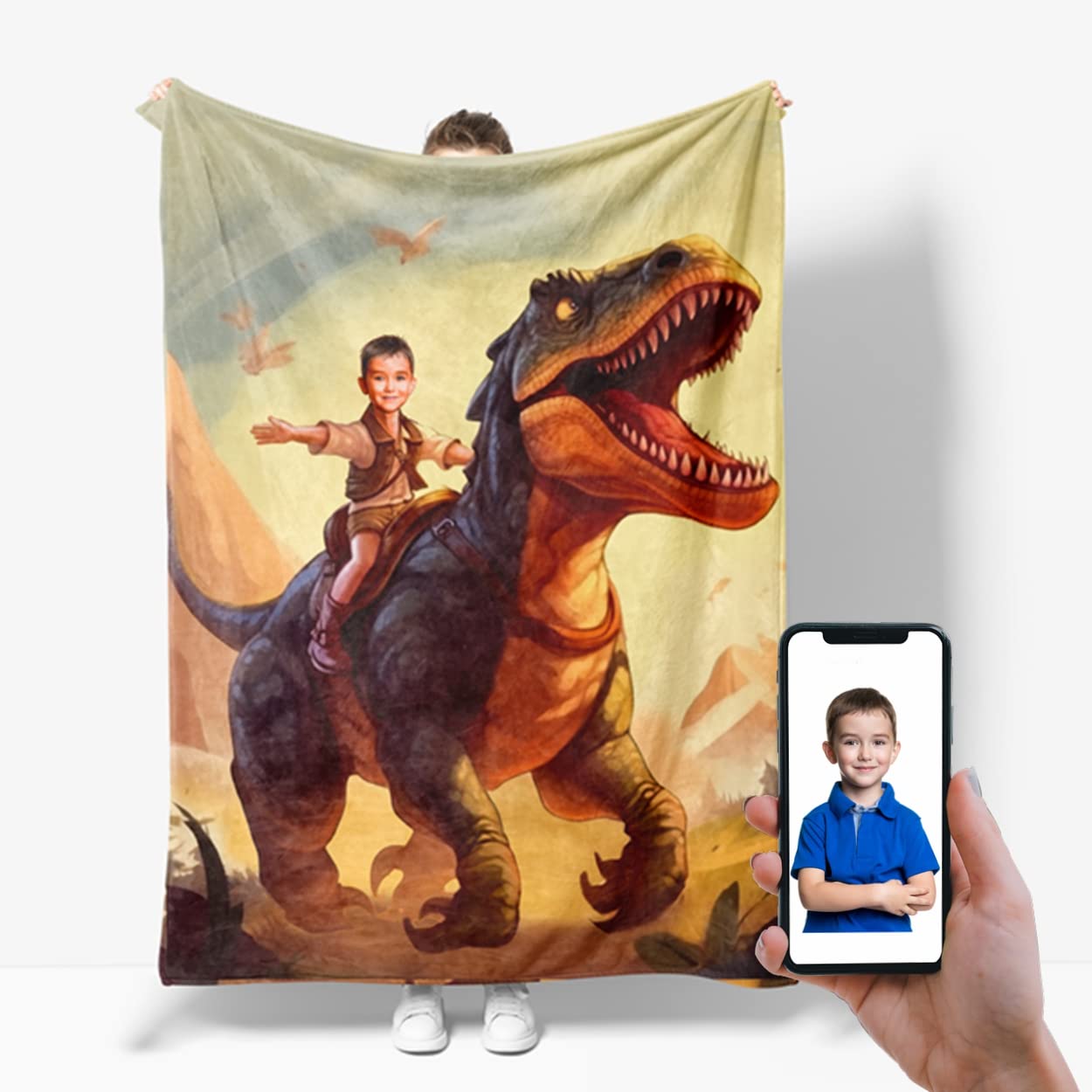 Personalized Dinosaur Blanket Velociraptor Jurassic Dinosaur Photo Face Blanket Dinosaur Birthday Gifts for Boys