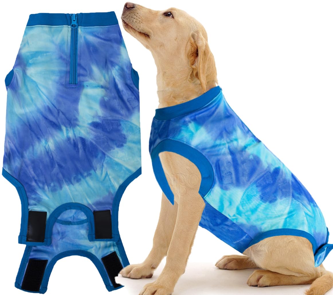 Wabdhaly Dog Zipper Recovery Suit for Male Neuter Surgery,Female Spay Recover Onesie,Dogs Abdominal Wounds Sutures Bodysuit,E-Collar & Cone Alternative Surgical Large Recovery Suit,Tie Dye Blue XXXL