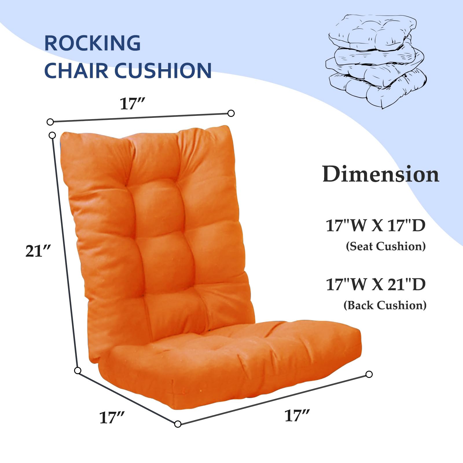 Patio Seat Cushions Set of 1, Indoor Outdoor Furniture Cushions Soft Thickened, Tufted Rocking Chair Cushion Pad with Ties for Home Patio Use, Orange, 17x17in&17x21in