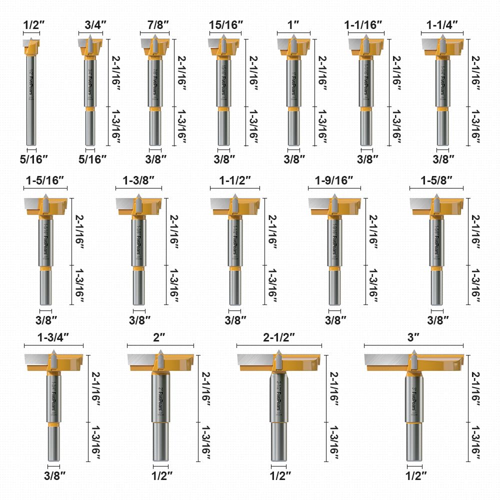 FivePears 16 Pcs Forstner Drill Bits Set, Carbide Tipped Wood Hole Saw Auger Opener, Hole Opener Hinge Hole Cutter for Woodworking, Plastic, Plywood Products