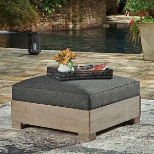 Signature Design by Ashley Citrine Park Casual Outdoor Ottoman with Cushion, Light Brown & Gray