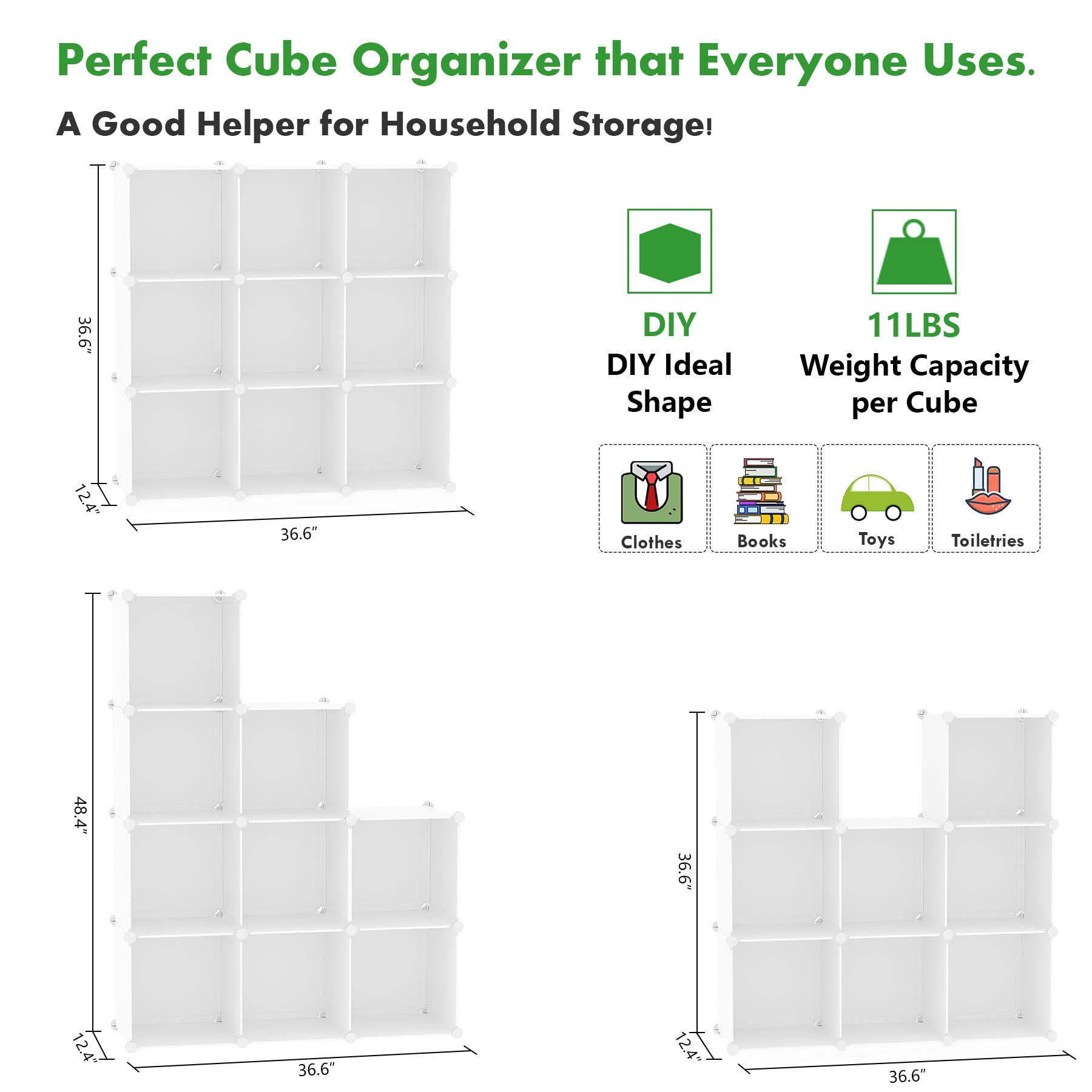 C&AHOME Cube Storage, 9-Cube Bookshelf, Plastic Closet Cabinet Organizer, DIY Stackable Bookcase, Modular Shelving Units Ideal for Home, Office, Kids Room, 36.6" L x 12.4" W x 48.4" H Milky UPCS09M