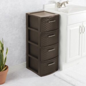 SPADEACES Stylish and Durable Weave Pattern Plastic Drawers 4-Drawer Tower, Ideal for Open Storage Needs, Espresso