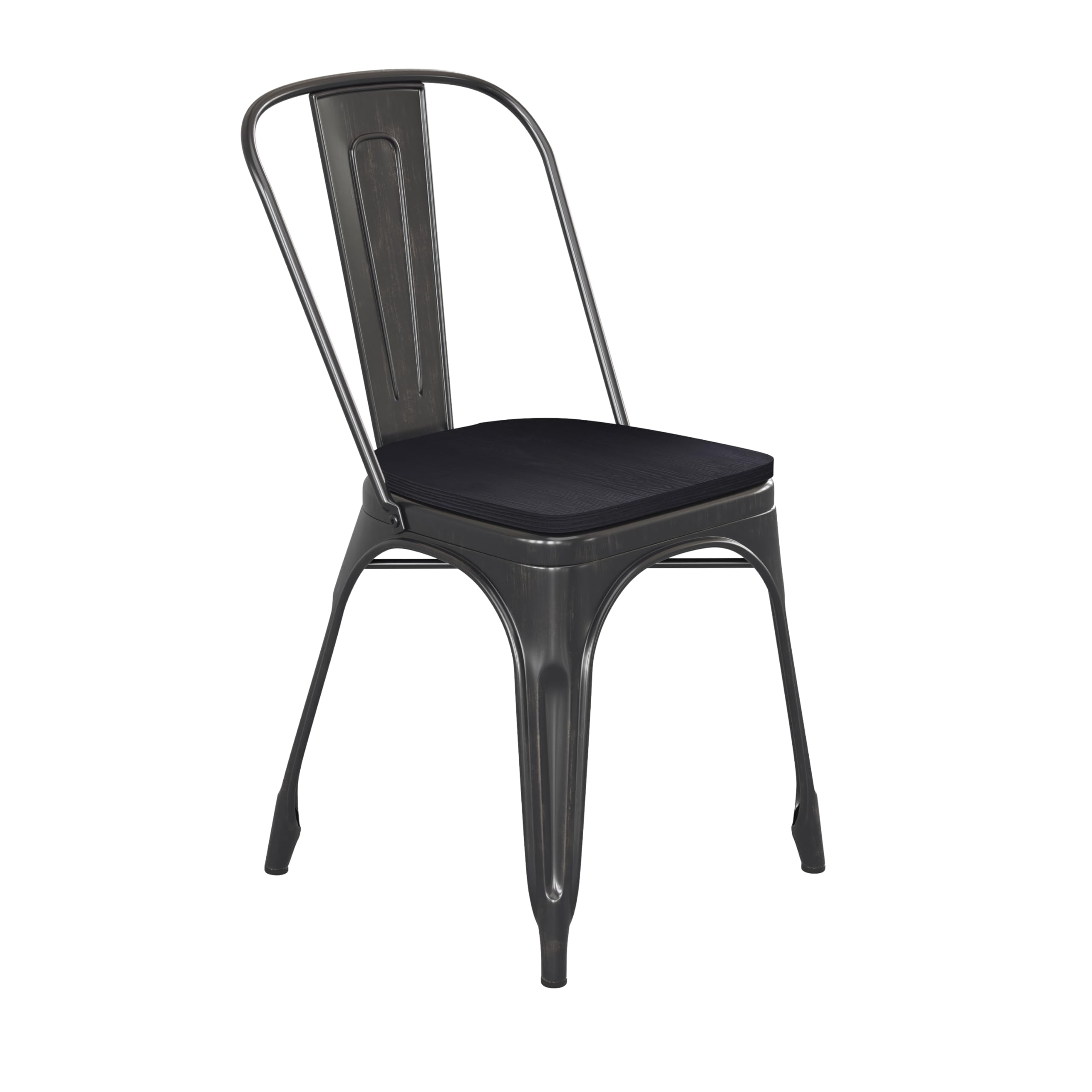 EMMA + OLIVER Perth Stacking Dining Chair - Antique Black Galvanized Steel Frame - Black Polyresin Seat - for Indoor/Outdoor Use