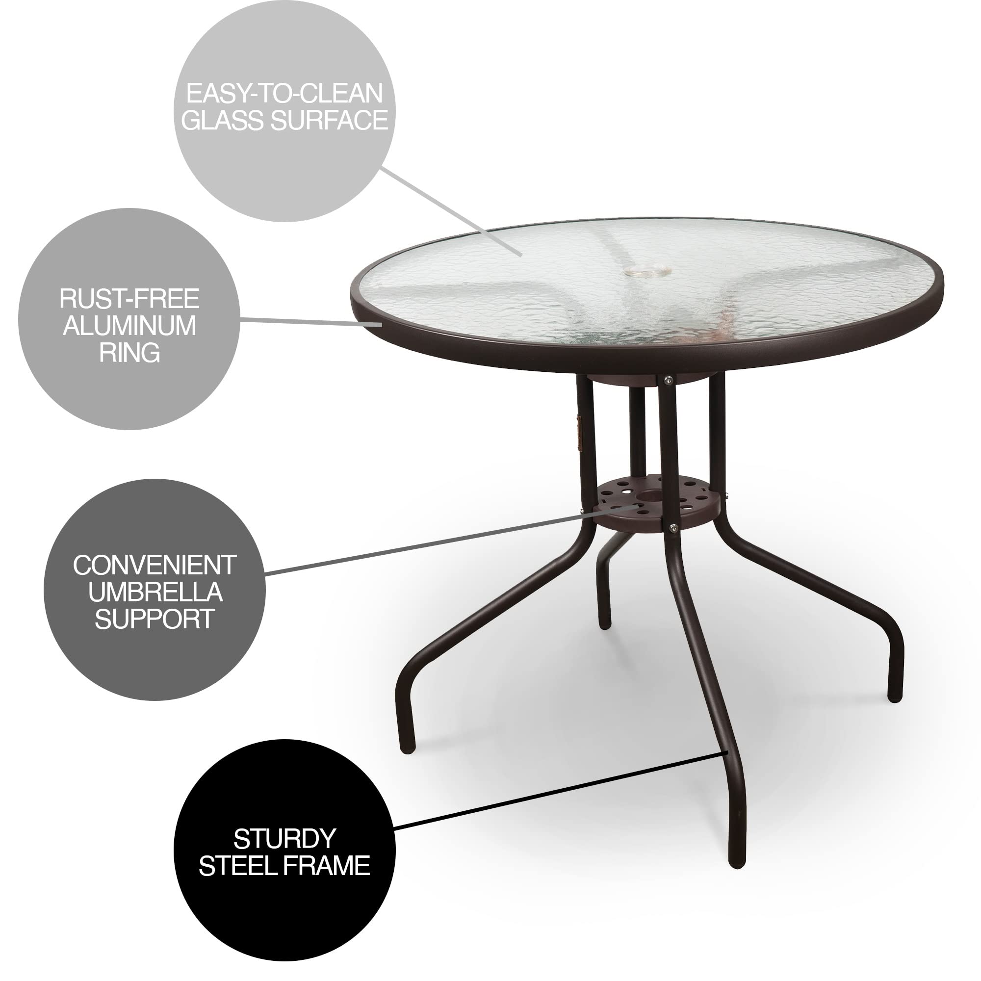 Garden Elements Outdoor Wave Glass Patio Dining Furniture Round Steel Table, Brown, 31.5"