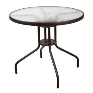 garden elements outdoor wave glass patio dining furniture round steel table, brown, 31.5"