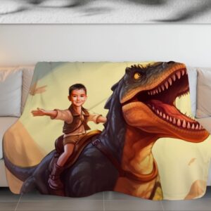 Personalized Dinosaur Blanket Velociraptor Jurassic Dinosaur Photo Face Blanket Dinosaur Birthday Gifts for Boys