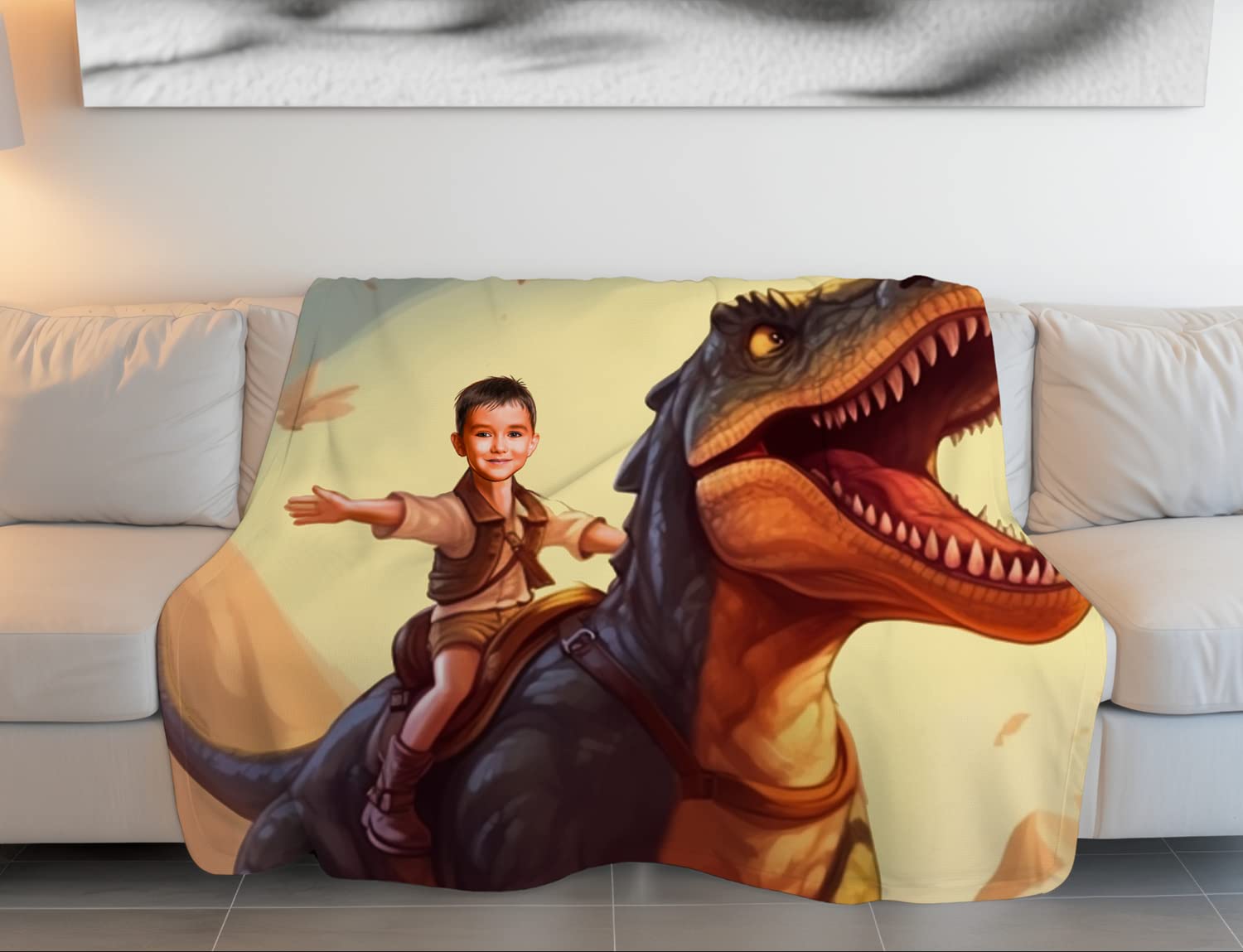 Personalized Dinosaur Blanket Velociraptor Jurassic Dinosaur Photo Face Blanket Dinosaur Birthday Gifts for Boys