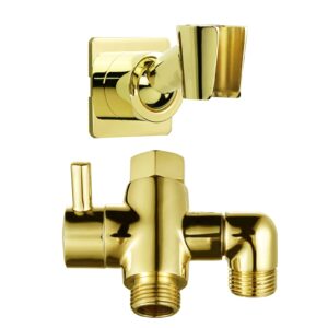 ydmeet shower head holder for handheld shower wand and shower diverter valve with elbow outlet desgin, all metal brass, polished gold