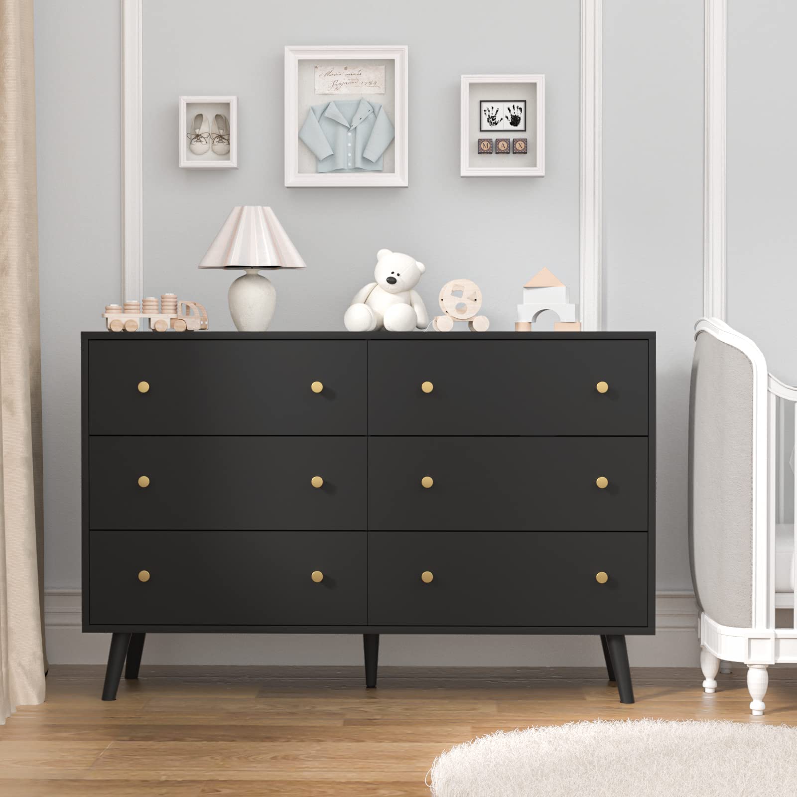 SINROM Black Dresser for Bedroom, Modern 6 Drawer Dresser, Wide Chest of Drawers with Gold Handles, Wood Double Dresser Storage Cabinet for Living Room, Bedroom, Hallway