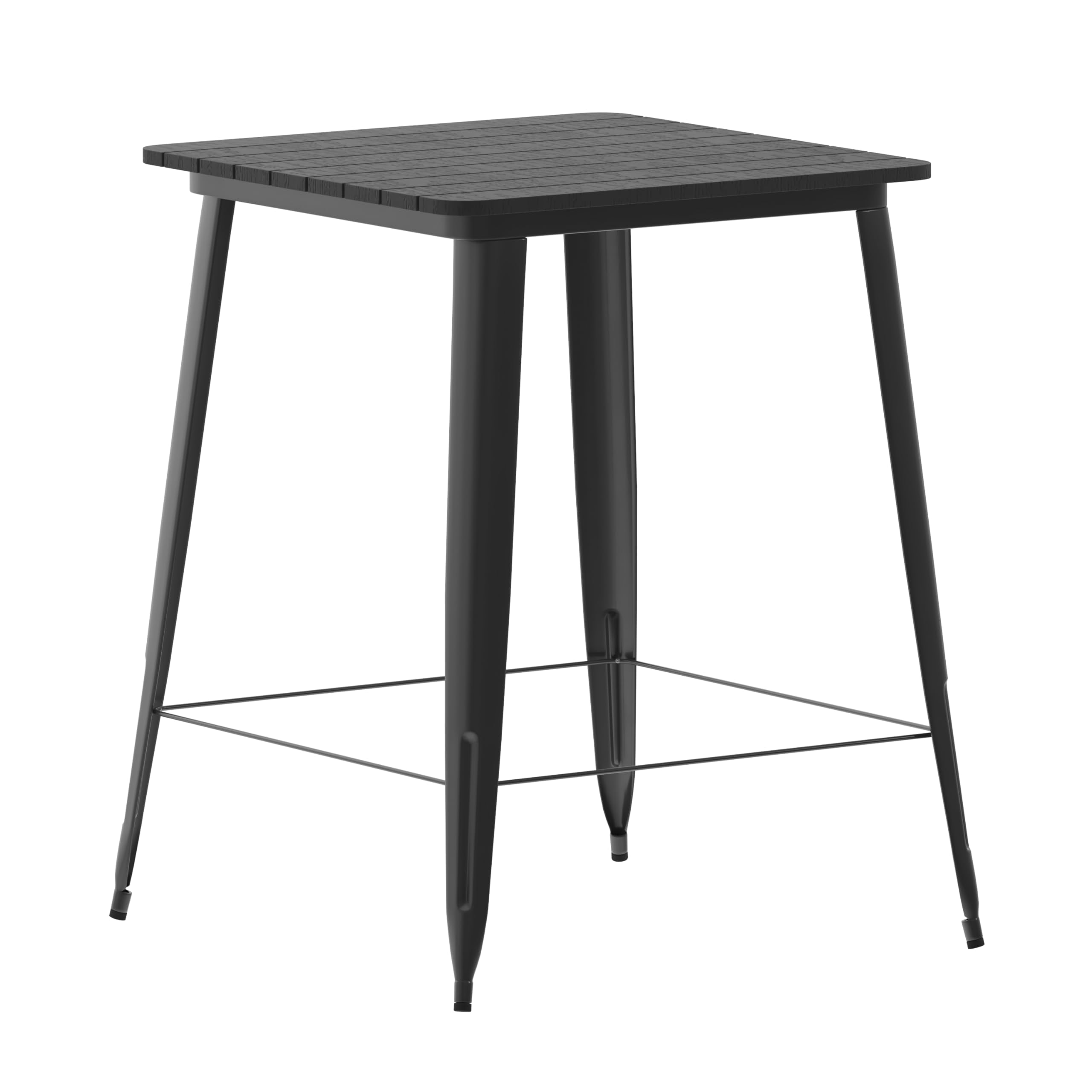 EMMA + OLIVER Drew Dining Table Bar Height - Black 31.5" Square Poly Resin Table Top - Black Steel Base - All-Weather for Indoor/Outdoor Use