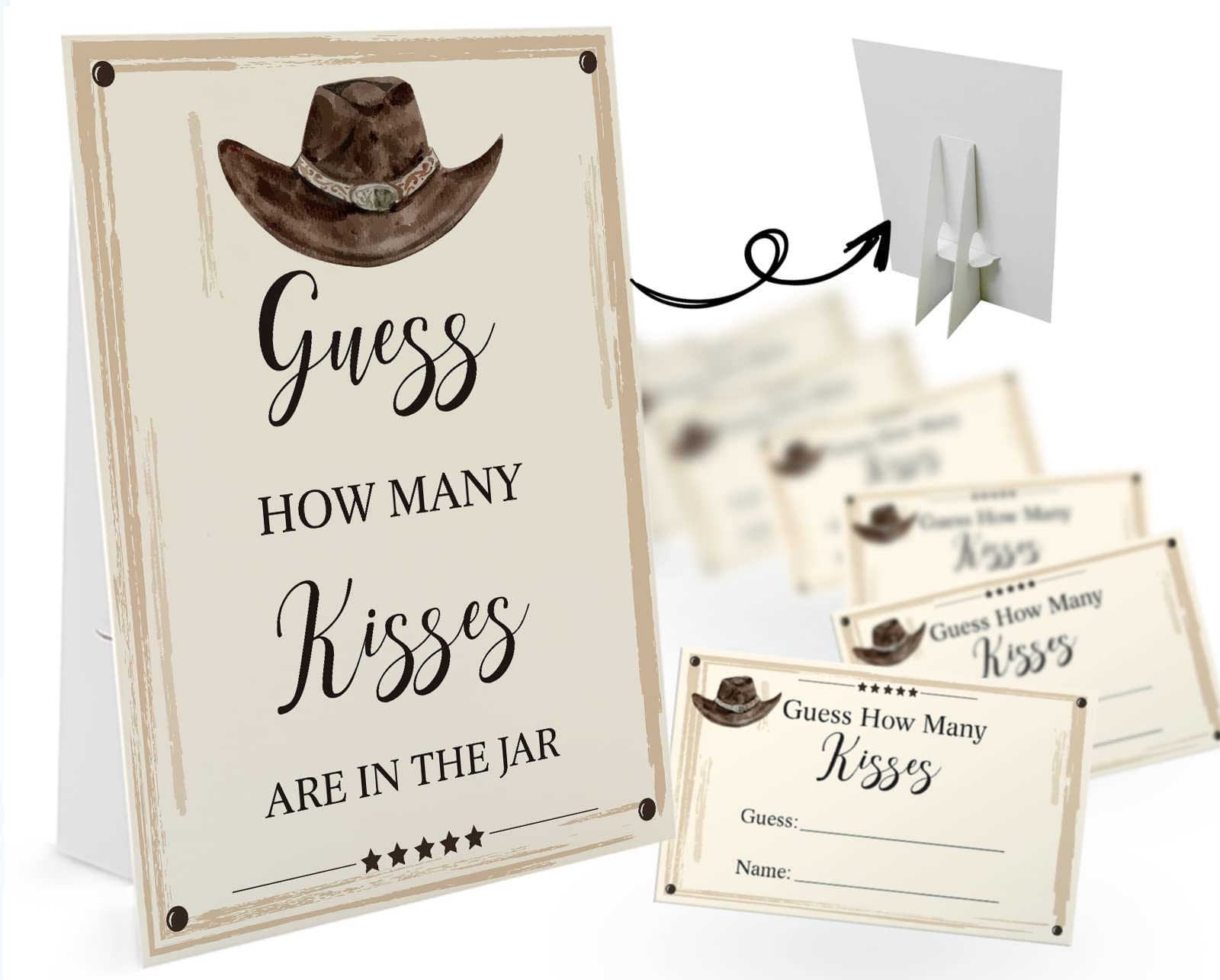 Guess How Many Kisses Are in the Jar Game-1 Standing Sign and 50 Guessing Cards, Cowboy Bridal Shower Games, Baby Shower Sign, for Boys Girls Baby Shower Favors and Weddings Party Decoration-08