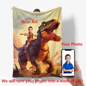 Personalized Dinosaur Blanket Velociraptor Jurassic Dinosaur Photo Face Blanket Dinosaur Birthday Gifts for Boys