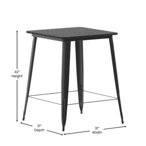 EMMA + OLIVER Drew Dining Table Bar Height - Black 31.5" Square Poly Resin Table Top - Black Steel Base - All-Weather for Indoor/Outdoor Use