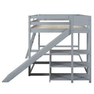 Full Over Full Bunk Beds with Slide and Storage Shelves, Wood Floor Bunk Beds Frame, Kids Bunk Bed for Bedroom, Teens Dormitory (Full Loft Bed with Slide, Gray)