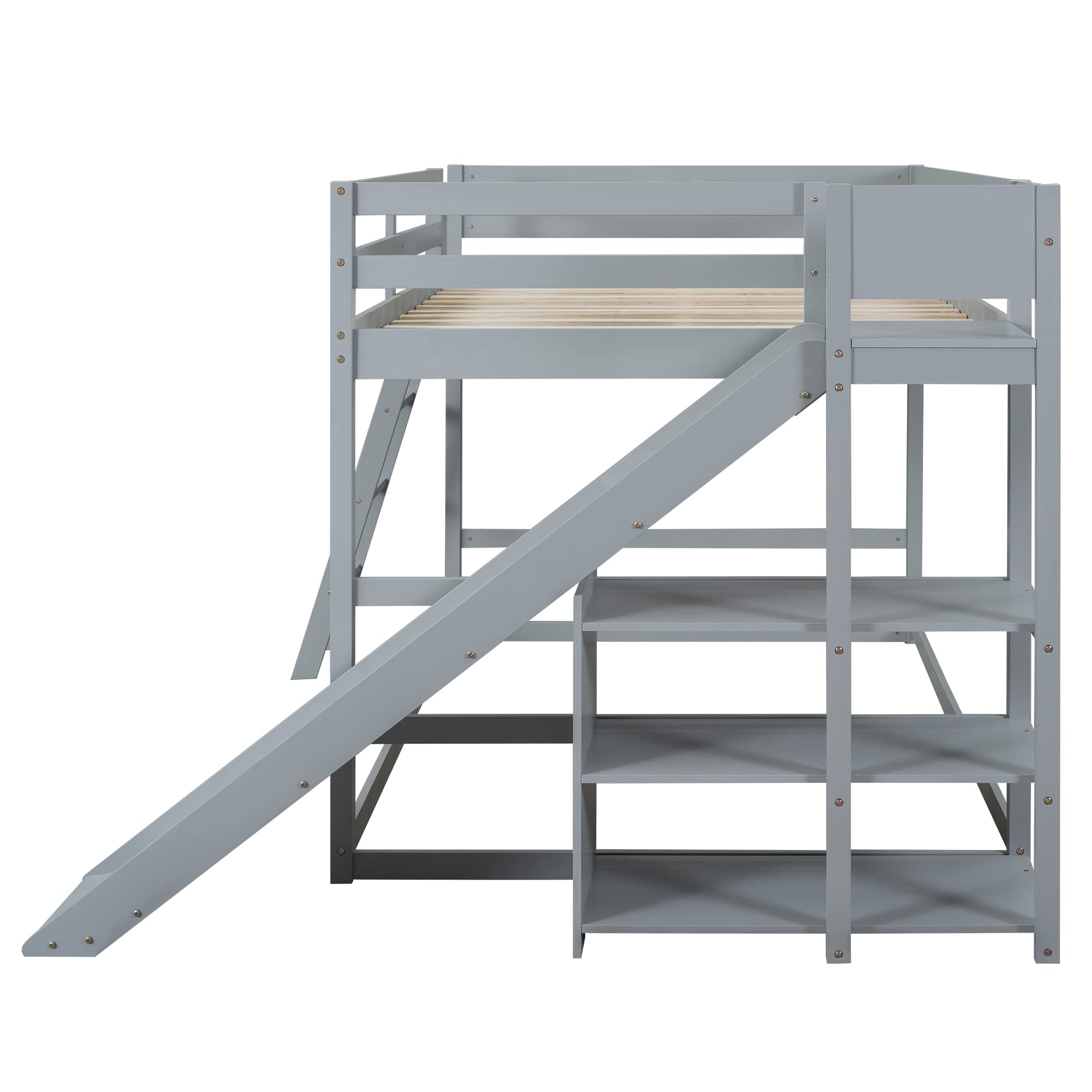 Full Over Full Bunk Beds with Slide and Storage Shelves, Wood Floor Bunk Beds Frame, Kids Bunk Bed for Bedroom, Teens Dormitory (Full Loft Bed with Slide, Gray)