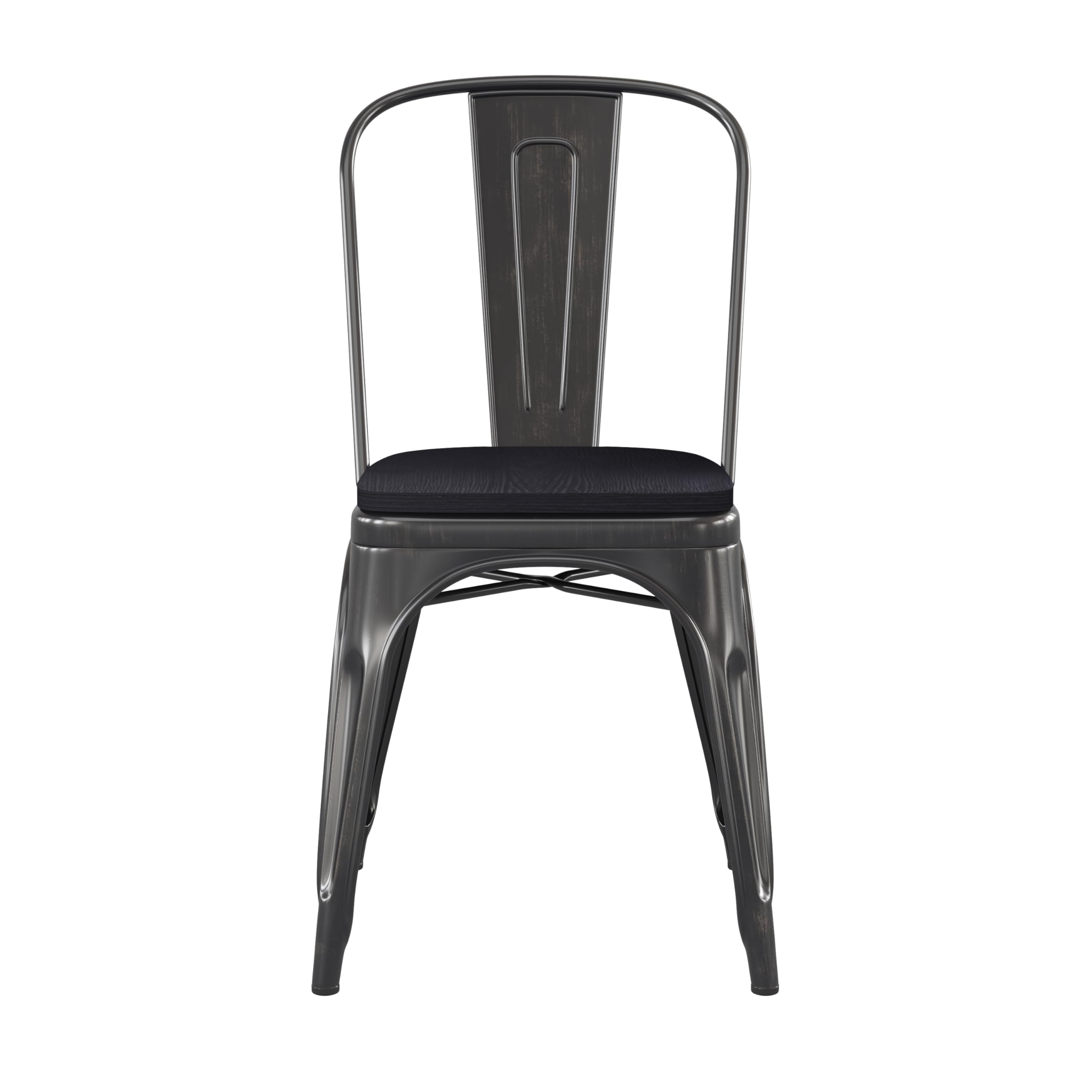 EMMA + OLIVER Perth Stacking Dining Chair - Antique Black Galvanized Steel Frame - Black Polyresin Seat - for Indoor/Outdoor Use