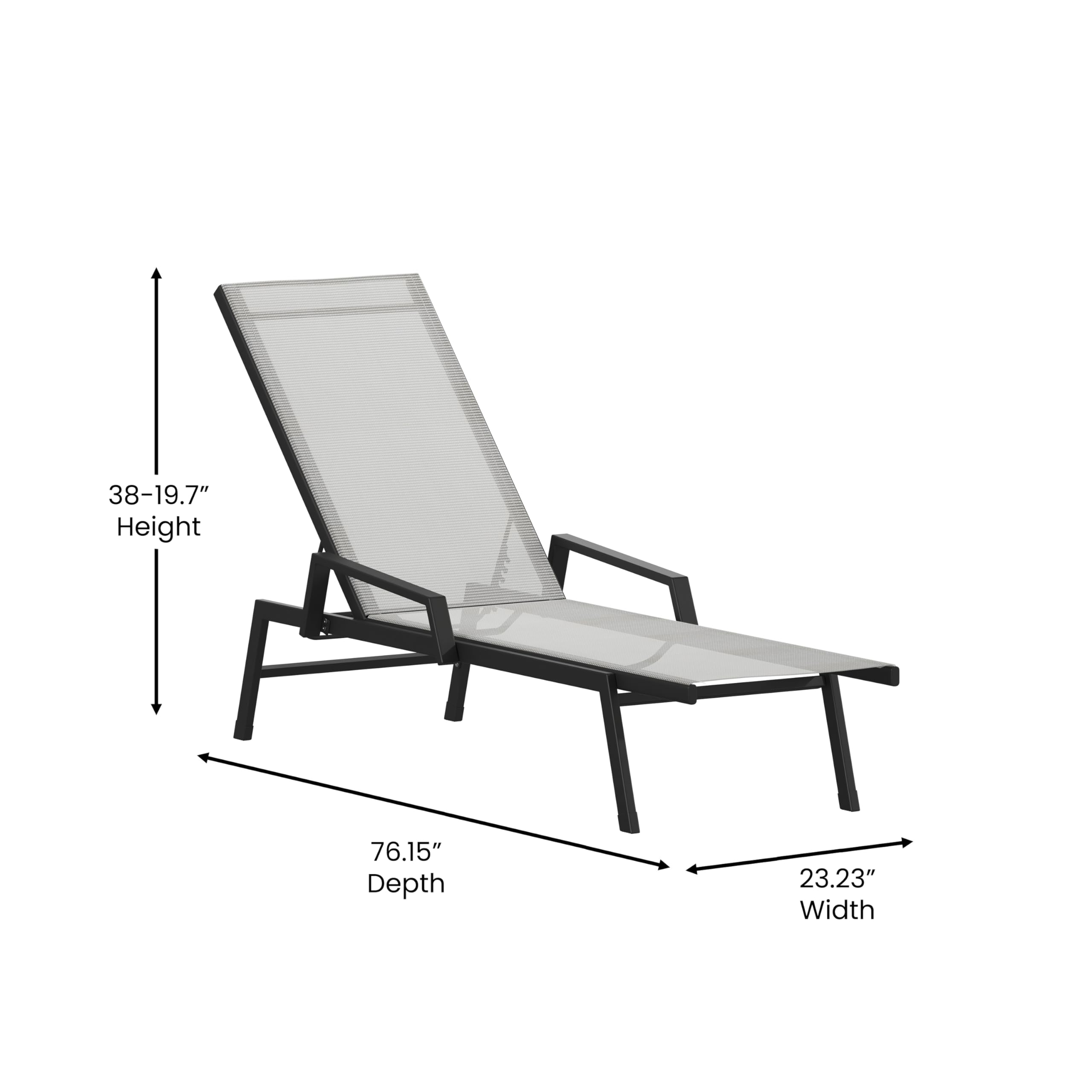 EMMA + OLIVER Braelin Adjustable Patio Chaise Lounge - Gray Textilene Seat - 5 Recline Positions - Metal Frame - All-Weather