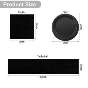 24 Guests Black Paper Plates Including 24 Black Plates, 24 Napkins and 1 Tablecloth for Birthday Wedding Graduation Parties