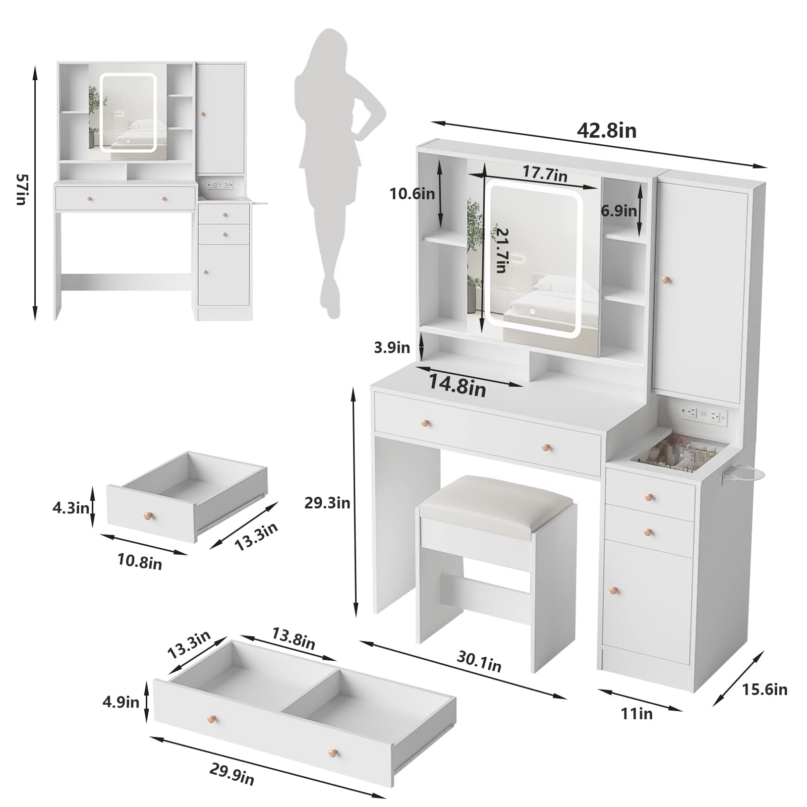 Vabches White Vanity Desk with Mirror and Lights, Vanity Table Makeup Vanity with Lights 3 Drawers and Cabinets, Charging Station & Sliding Door, Lots Storage Shelves