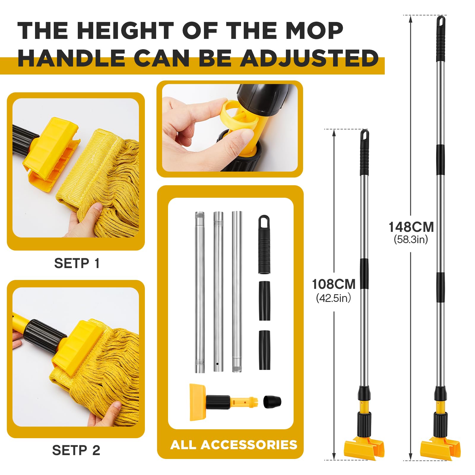 Thyle 6 Pack Stainless Steel Commercial Mop Handle for Floor Cleaning, 3 Section Replaceable Mop Stick Replacement with Jaw Clamp, Heavy Duty Mop Head Replacement Pole for Home Garage Office, 60 Inch