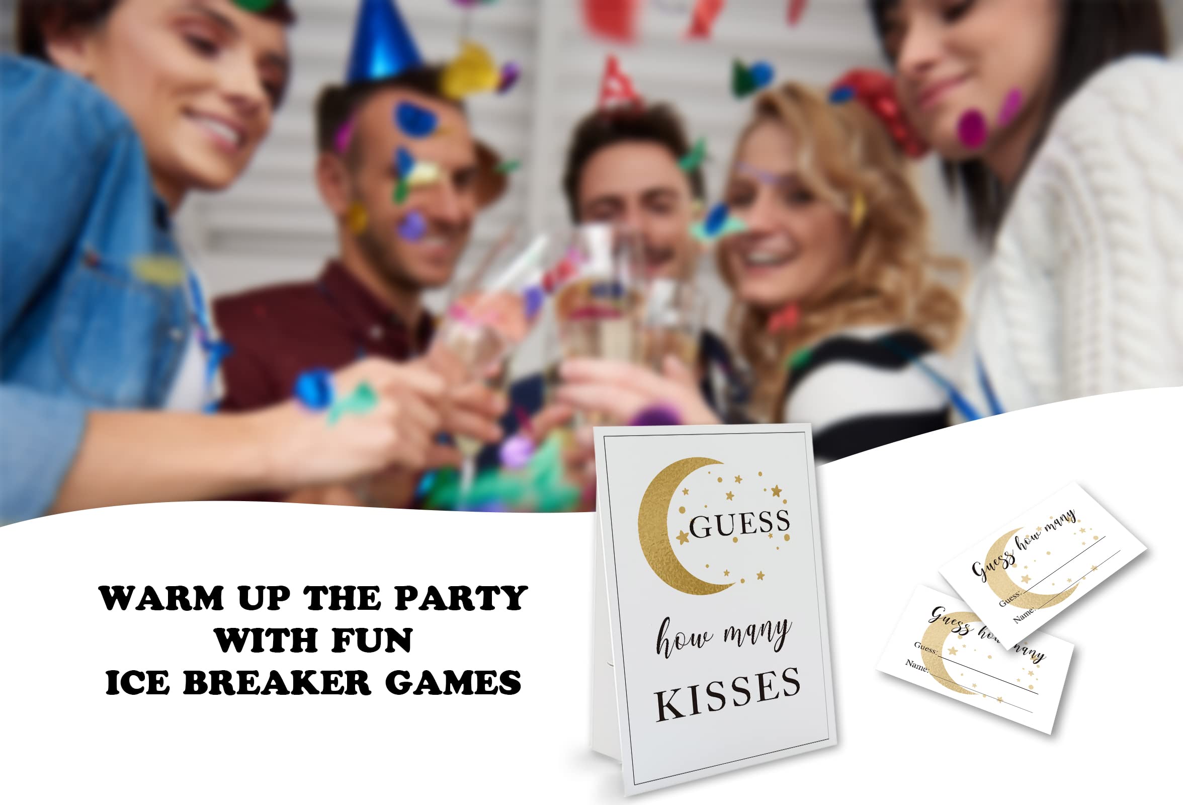 Guess How Many Kisses Are in the Jar Game-1 Standing Sign and 50 Guessing Cards, Golden Moon Bridal Shower Games, Baby Shower Sign, for Boys Girls Baby Shower Favors and Weddings Party Decoration-18