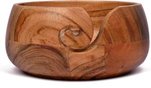 samhita acacia wood wooden yarn bowl for crocheting & knitting hand made by indian artisans birthday gifts for mom & knitting lovers (6" x 6" x 3")