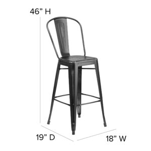 EMMA + OLIVER 4 Pack 30" High Distressed Black Metal Indoor-Outdoor Barstool with Back