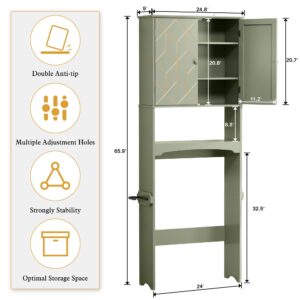 AZODY Over The Toilet Storage Cabinet with Gold Trim, Modern Bathroom Organizer Over Toilet with Adjustable Shelves and Toilet Paper Holder for Bathroom (Green)