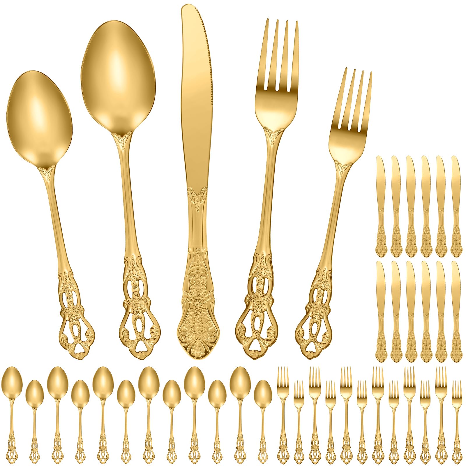 Dandat 60 Pcs Retro Royal Silverware Set Service for 12, Stainless Steel Flatware Set Tableware Cutlery Utensils Set Include Spoon Fork Knife Set for Home Restaurant Kitchen Wedding(Gold, 60 Pcs)